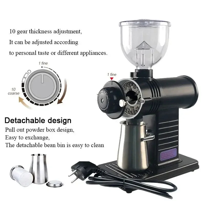Conical burr grinder top view hopper and grind settings dial