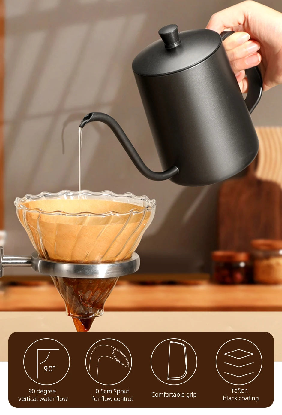 Pour over kettle top view showing gooseneck spout design